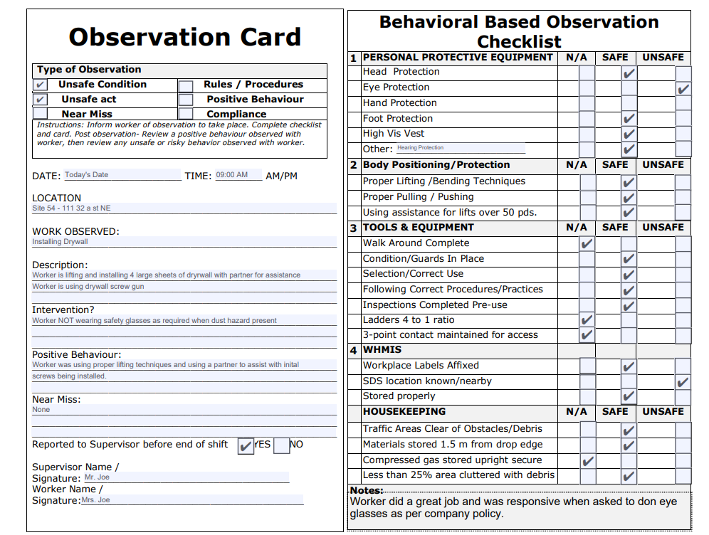 Template Behavioural Based Observation Card The Safety Doc Shop