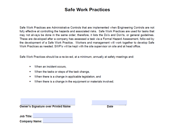 Policy - Safe Work Practices