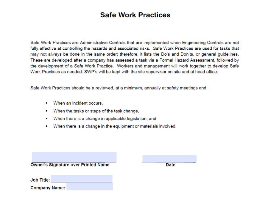 Downloadable Policy | Safe Work Practices – The Safety Doc Shop