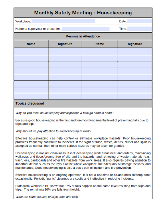 Monthly - Housekeeping & Cleanliness