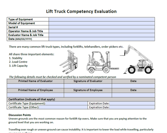 Template -Competency Evaluation for Lift Trucks – The Safety Doc Shop