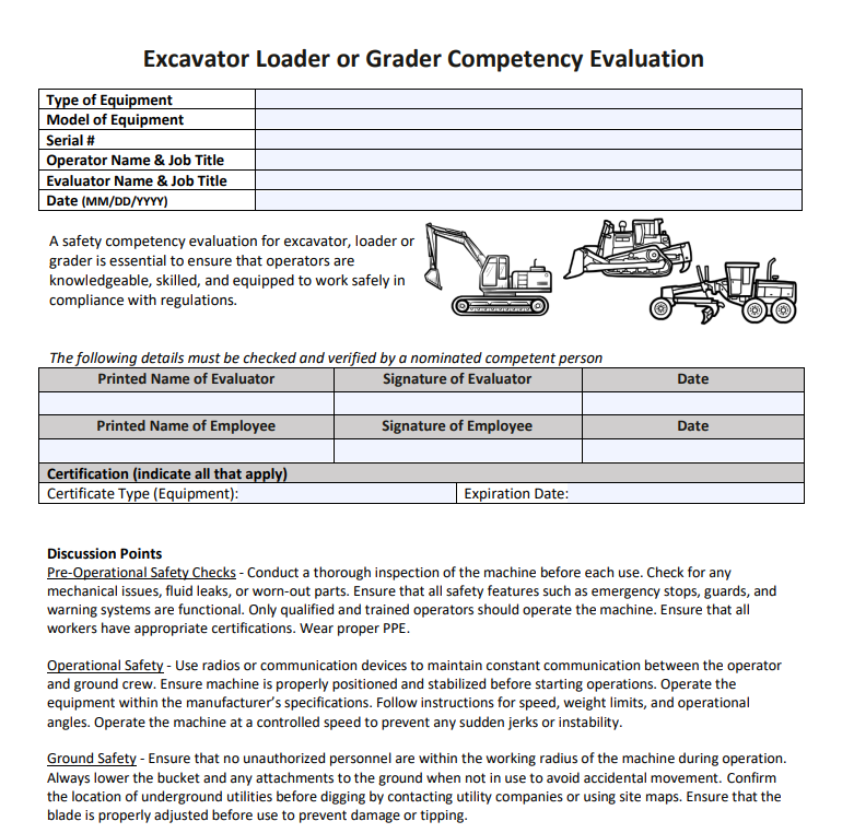 Template - Competency Evaluation for Excavator Loader Grader – The ...