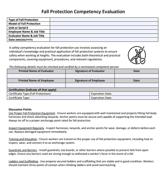 Template - Competency Evaluation for Fall Protection