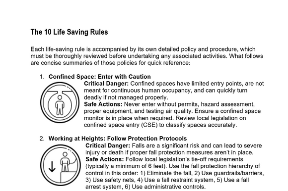 The 10 Life Saving Rules Program and Policy