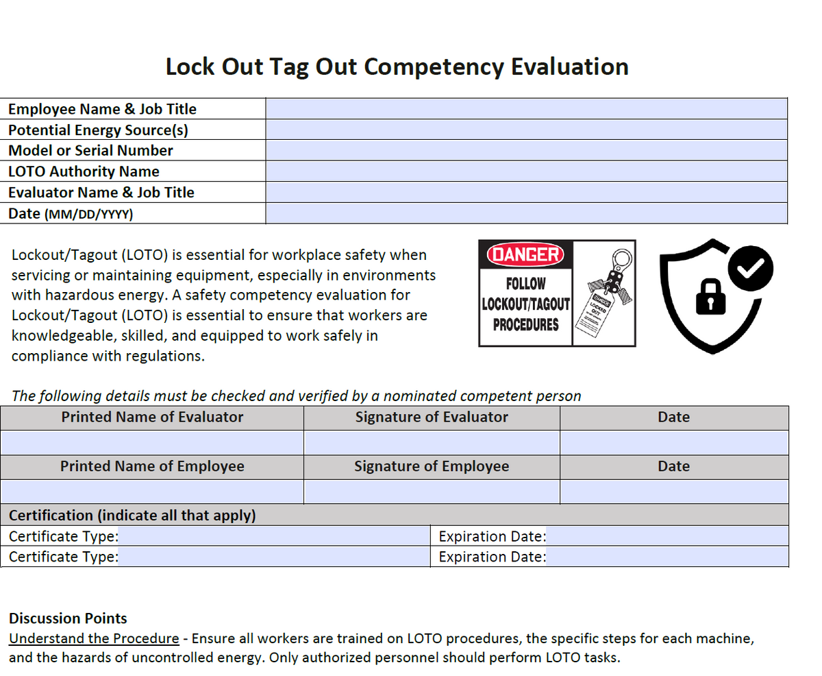 Competency Evaluation for Lock Out Tag Out (LOTO) – The Safety Doc Shop