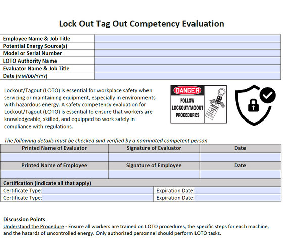 Competency Evaluation for Lock Out Tag Out (LOTO)