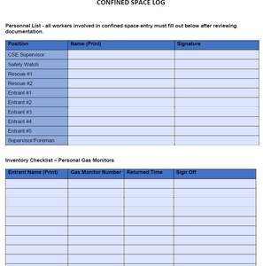 Log - Confined Space Logs (Entry, Inventory, Atmospheric, Personnel)