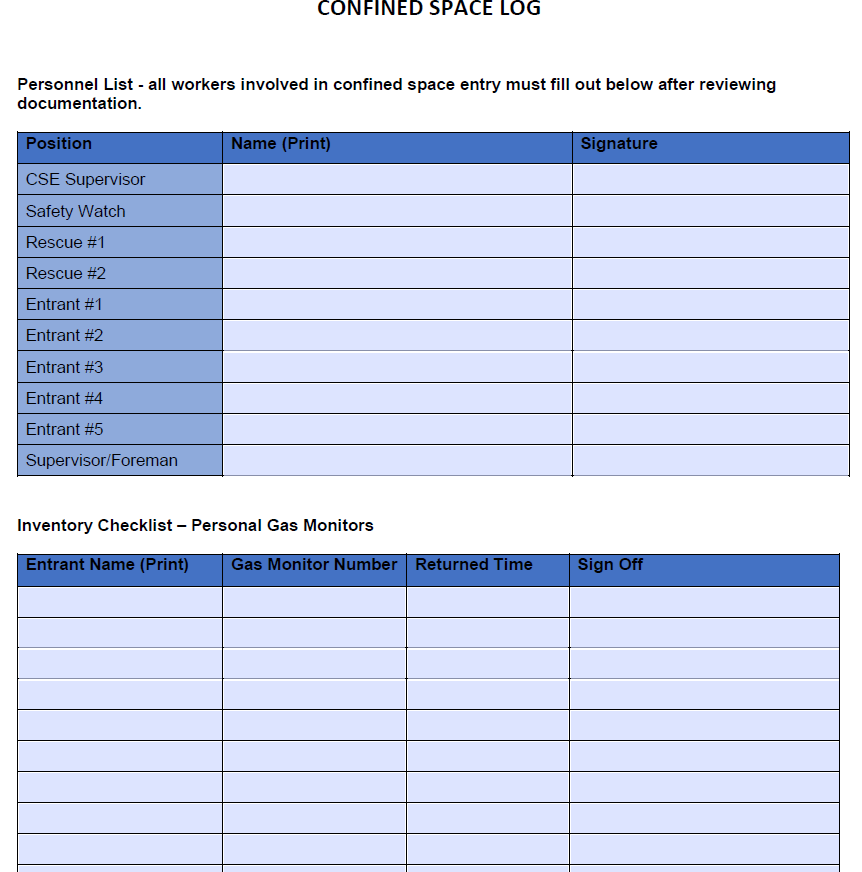 Safety File Log Log - Confined Space Logs (Entry, Inventory, Atmospheric, Personnel ...