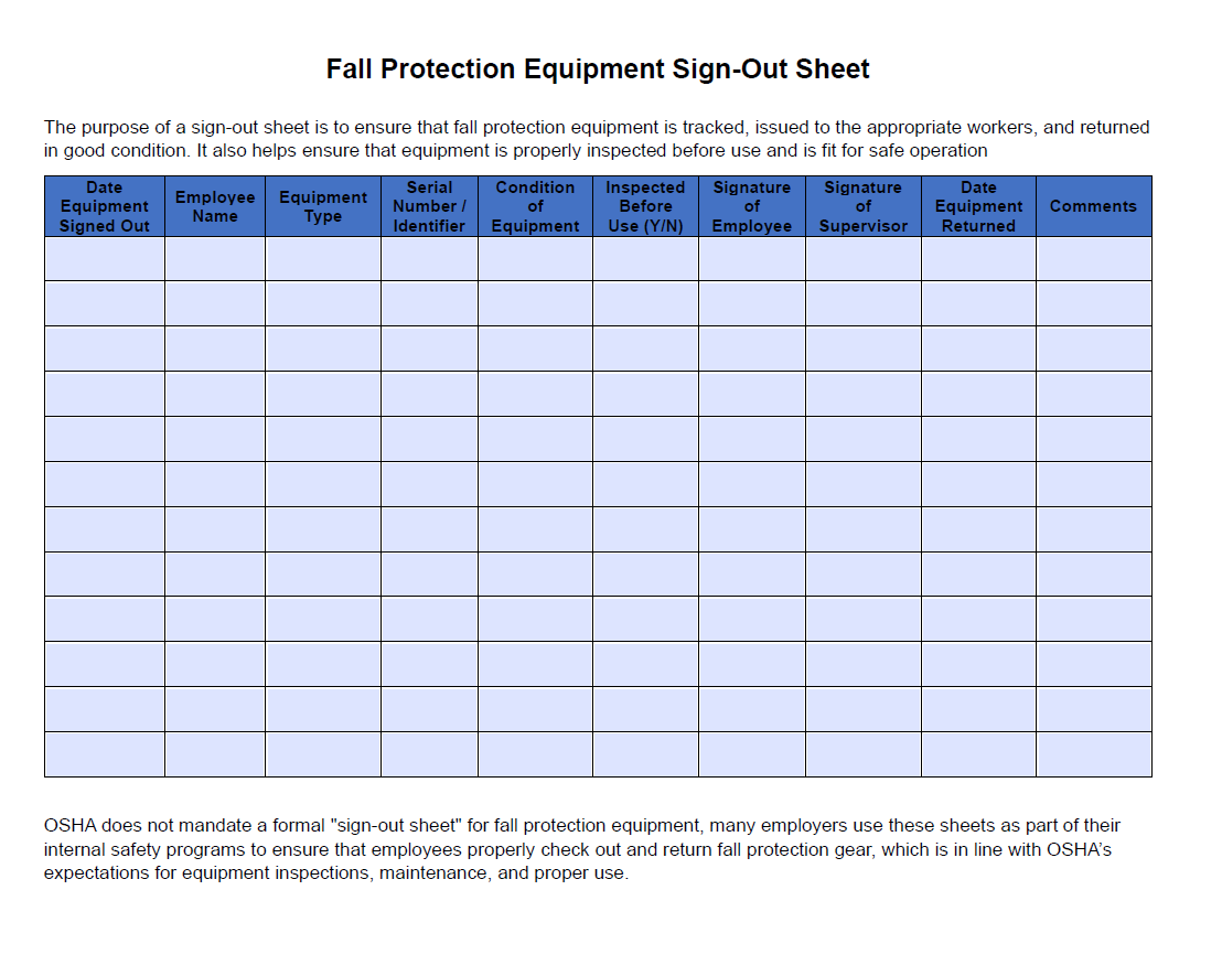 Fall Protection Sign Out Sheet File Log -Fall Protection Equipment Sign Out Sheet – The Safety Doc Shop