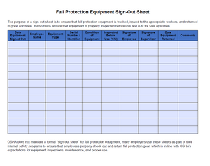 Log -Fall Protection Equipment Sign Out Sheet