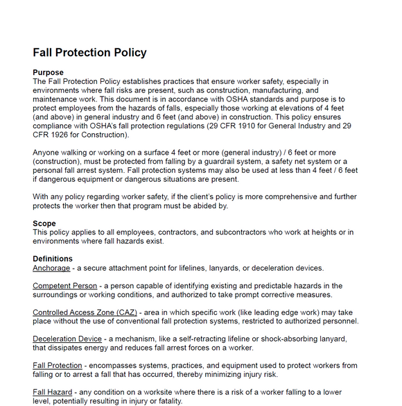 Policy - Fall Protection Policy & Procedure - American OHSA