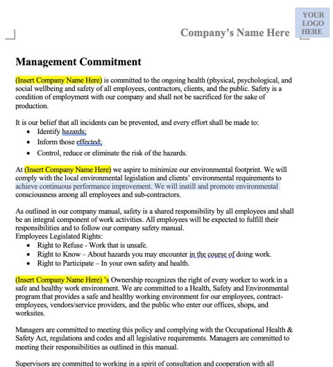 Manager Commitment Statement Example Management Safety Commitment Letter