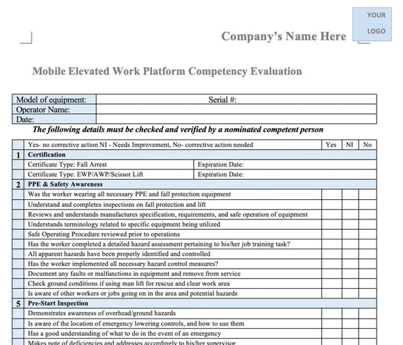 Template - Mobile Elevated Work Platform Competency Evaluation